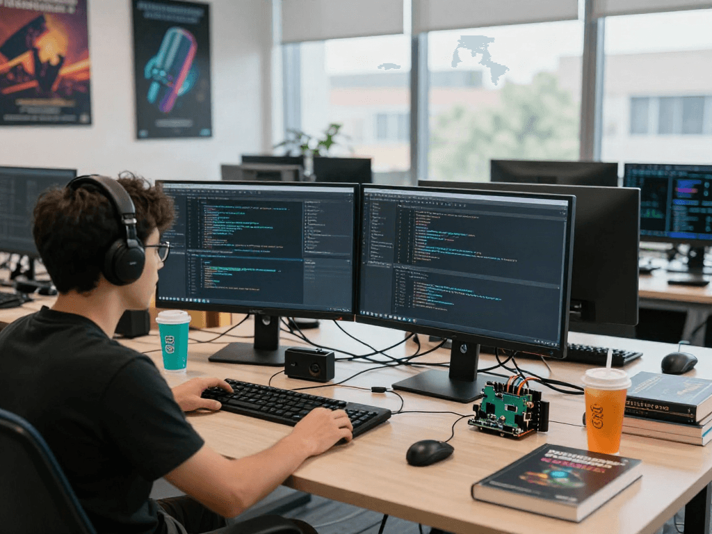 Développeur utilisant Atlas pro dans un bureau moderne avec des écrans multiples et des gadgets technologiques.